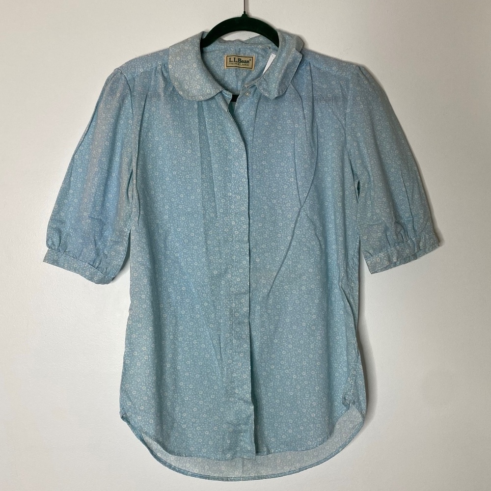 LL BEAN VINTAGE Light Blue White Floral Print Short Puff Sleeve Shirt Size 6